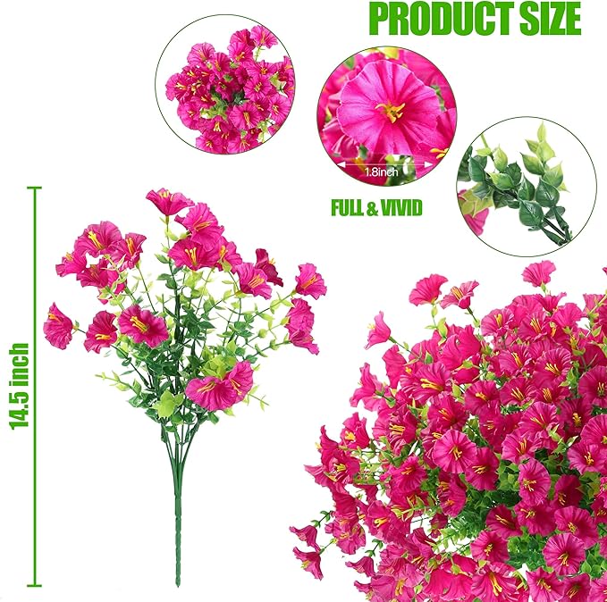 Artificial Flowers for Outdoors 12 Bundles Realistic Faux Plants UV Resistant Fake Silk Morning Glory with Eucalyptus for Front Door Planter Patio Porch Outside Spring Summer Decoration (Magenta)