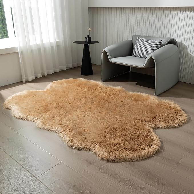 Fluffy Faux Fur Rug Brown Sheepskin Area Rug,4x6 Ft Ultra Soft Shaggy Plush Rug for Bedroom Bedside Living Room Nursery Kids Room
