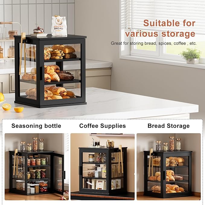 WOWLIVE Black Bread Box for Kitchen Countertop, Large 3 Layers Bread Storage Container for Homemade Bread with Window, Farmhouse Breadbox Organizer for Kitchen, Cabinet, Pantry (Black, Extra Large)