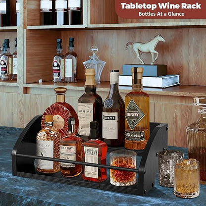 Wooden Liquor Bottle Display Shelf, Coffee Syrup Rack Organizer, 2 - Step Countertop Wine Rack, Rustic Mini Bar Cabinet, Home Retro Bar Shelf Stand for Liquor Whiskey, Spirits (Black)