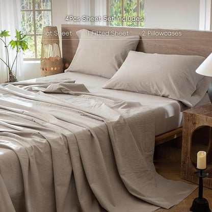 MooMee Bedding Sheet Set 100% Washed Cotton Linen Like Textured Breathable Durable Soft Comfy (Heathered Cream Grey, California King)