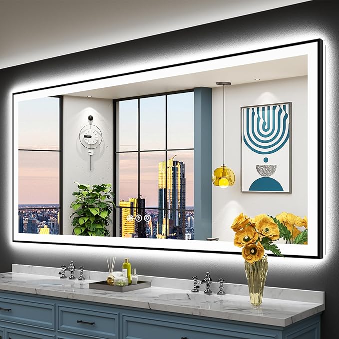84x40 Black Framed LED Bathroom Mirror with Lights, Backlit and Front Lit, Anti-Fog Lighted Vanity Mirrors for Bathroom Wall, Dimmable, 3-Color Light, Memory, Shatter-Proof, HD Tempered Glass