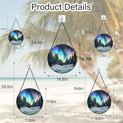 DASTOLL Stained Glass Window Hanging, Aurora Landscape Sun Catchers Glass Panel Green Trees Suncatcher Decor for Birthday for Women, Men, Wife, Aunt, and Mom 11.8x11.8 in