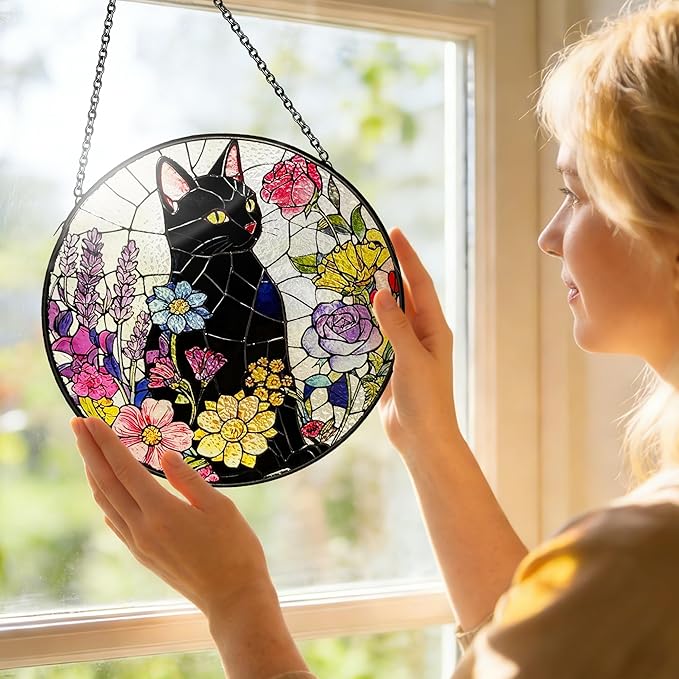 Cat Stained Glass Suncatcher Window, Hanging Sun Catchers Indoor Window, Suncatcher for Mom/Women (Black Cat & Flower)