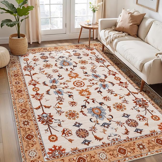 Tangsoo Floral Area Rug 4x6 Machine Washable Orange Rug Non-Slip Vintage Distressed Boho Print, Soft Low Pile Carpet for Living Room, Bedroom, Dining Room, Pet & Child Friendly (Orange Home Decor)