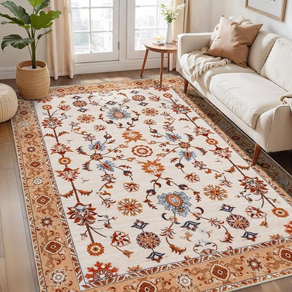 Tangsoo Floral Area Rug 3x5 Machine Washable Orange Rug Non-Slip Vintage Distressed Boho Print, Soft Low Pile Carpet for Living Room, Bedroom, Dining Room, Pet & Child Friendly (Orange Home Decor)