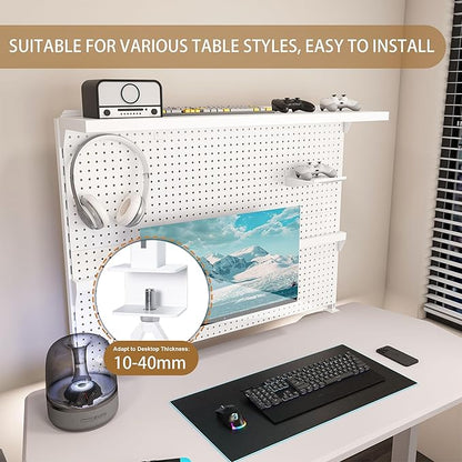 KEIKI Clamp-On Desk Pegboard with Single Monitor Stand, 43" x 35" Steel Peg Board Office Organizer with Hooks, Movable Panel & Shelf for Office Supplies, Gaming Setup & Desk Organization, White