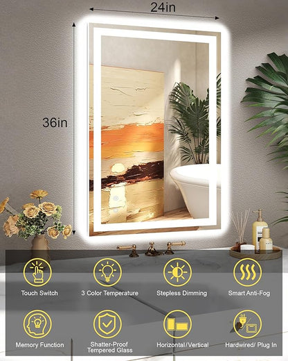 24"x 36" LED Bathroom Mirror with Front and Backlit, Wall Vanity Mirror with Lights, Controlled Separately LED Mirror for Bathroom, 3 Colors, Tempered Glass, Shatterproof, Anti-Fog, Memory(ETL)
