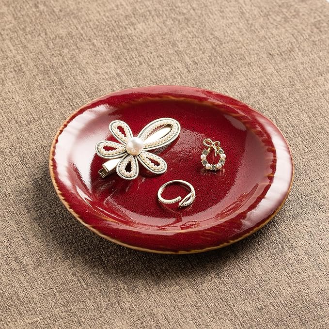 Ceramic Jewelry Tray Decorative Ring Holder and Trinket Dish for Women Wedding Engagement Birthday Gift for Her Jewelry Organizer Vanity Tray (red)