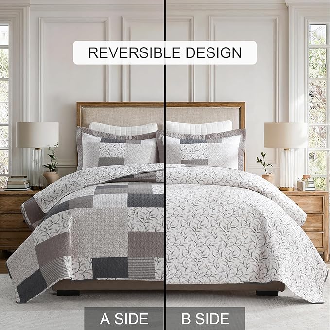 PERHOM King Size Quilt Set, 3 Pieces 100% Cotton King Quilted Comforter Set with 2 Pillow Shams, Farmhouse Plaid Botanical Pattern, Lightweight Reversible Coverlet Bedspread, Brown/Beige/Gray