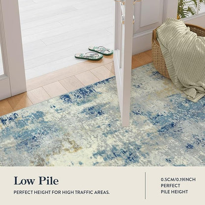 Lahome Modern Abstract Area Rug 4x6, Washable Living Room Rug for Bedroom Entryway Non Slip, Soft Contemporary Indoor Floor Throw Carpet for Apartment Playroom Home Office, Blue