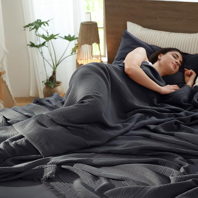 MooMee Muslin Blanket - 100% Cotton 4-Layer Gauze Throw Blanket with All-Around Fringe, Ultra-Soft Breathable Lightweight Cooling Decorative for Bed, Sofa & Couch (Dark Grey, Queen 90" x 90")