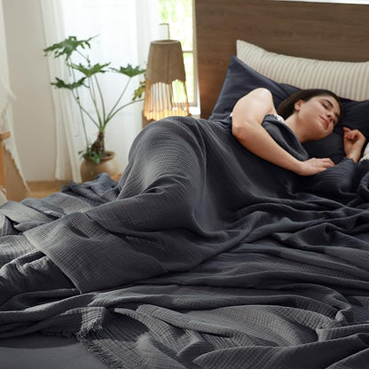 MooMee Muslin Blanket - 100% Cotton 4-Layer Gauze Throw Blanket with All-Around Fringe, Ultra-Soft Breathable Lightweight Cooling Decorative for Bed, Sofa & Couch (Dark Grey,King 104" x 90")