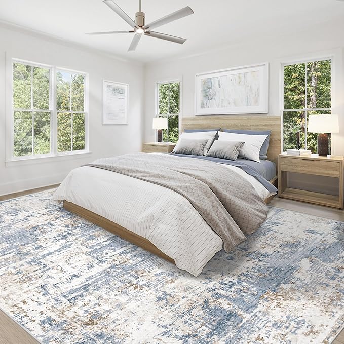 9x12 Area Rug for Living Room, Washable Modern Abstract Large Area Rug Neutral Soft Non Slip Kids Rug Stain Resistant Indoor Carpet for Bedroom Nursery Dining Room Playroom Home Office(Blue, 9'x12')