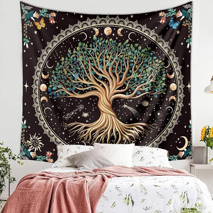 Moon Phase Tree of Life Tapestry Nature Flower Plant Butterfly Tapestries Boho Mandala Spiritual Tapestry Aesthetic Wall Hanging for Home Decor Bedroom Living Room Dorm Decor (51.18" x 59.06", Blue)