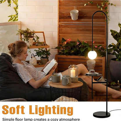 Arched Floor Lamp Modern Nordic Style with Glass Shade and Shelves Geometric Ball LED Lighting for Living Room Bedroom