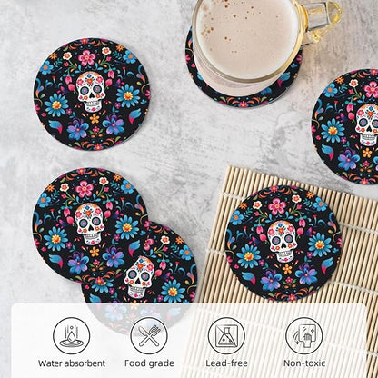 6 Pcs Ceramic Coasters with Holder Absorbent Drink Round Mexican Sugar Skulls Flowers Design for Home Table Coffee Cup Wine Beer Bar,Size 4.4 inches