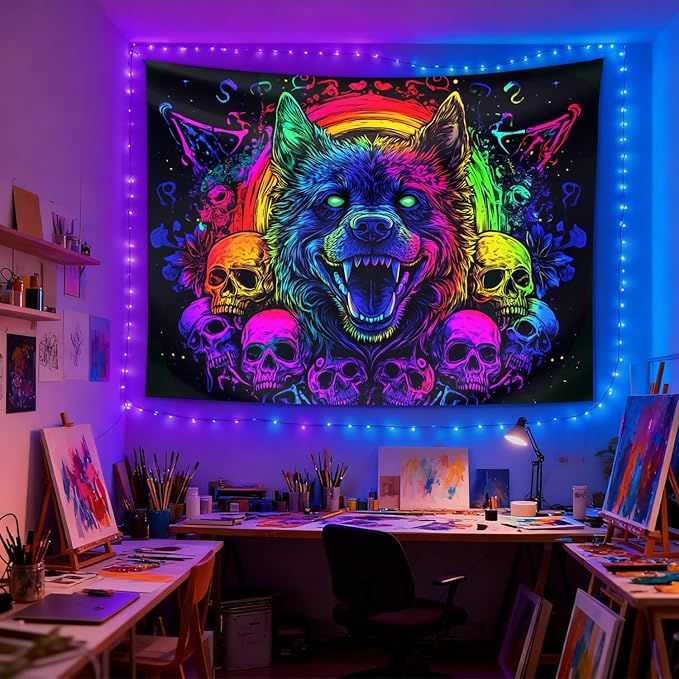 seewan Black Light Wolf Tapestry, Glow-in-the-Dark UV Neon Fierce Wolf and Skull Wall Hanging, Psychedelic Gothic Animal Art Tapestry, Bedroom Dorm Living Room Background Decor