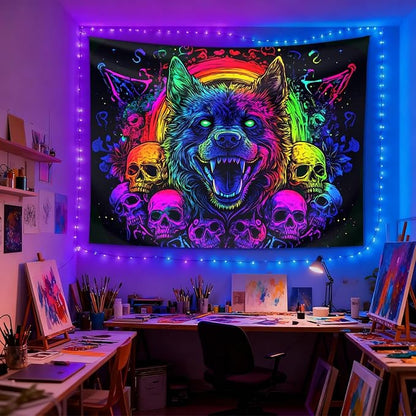 seewan Black Light Wolf Tapestry, Glow-in-the-Dark UV Neon Fierce Wolf and Skull Wall Hanging, Psychedelic Gothic Animal Art Tapestry, Bedroom Dorm Living Room Background Decor