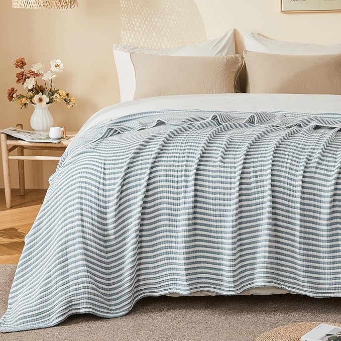 EMME Cotton Muslin Twin XL Blanket Breathable Gauze Soft Lightweight Adults Gifts for Women (Striped Teal, 66"x90")