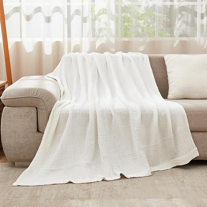 EMME Cotton Muslin King Blanket Big Oversized Bed Layering Bedspread Coverlet Breathable Gauze Soft Lightweight Blankets (White, 120"x94")