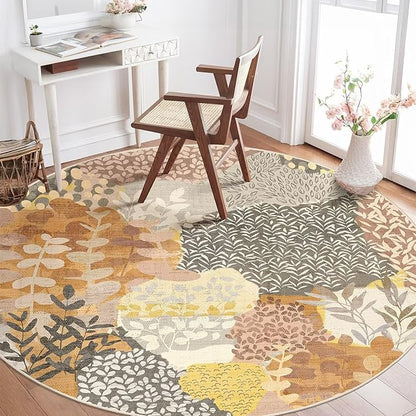 DEXDE Round Rug 6ft Washable Circle Area Rugs Non Slip Low Pile Boho Floral Large Circular Carpet for Bedroom Bathroom Entryway Kids Room Office Dining Room,Camel