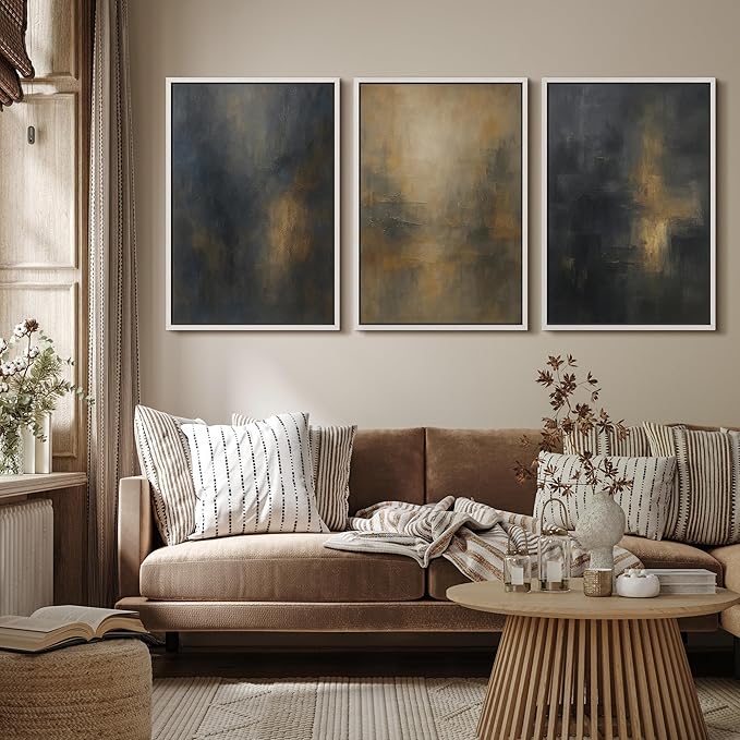 MUDECOR Framed Wall Art Print Set Dark Abstract Modern Contemporary in Navy Blue and Gold Brushstrokes Illustrations Modern Art Decorative Colorful for Living Room, Bedroom, Office - 16"x24"x3 White