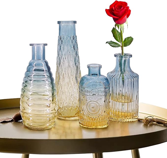 FANTESTICRYAN Baroque Bud Glass Vases Set of 4, Retro Gradient Small Vase Single Flower Mini for Centerpiece Décor, Tabletop, Christmas, Wedding, Housewarming (Blue)