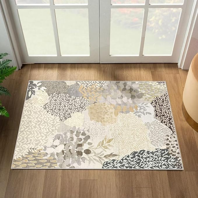 DEXDE 2x3 Area Rug, Small Boho Rugs Entryway Doormat Indoor Machine Washable Non-Slip Abstract Botanical Leaves Floral Print Floor Carpet for Living Room Bedroom Office Playroom, Gray