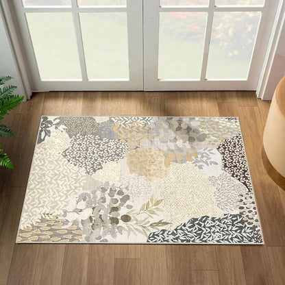 DEXDE 2x3 Area Rug, Small Boho Rugs Entryway Doormat Indoor Machine Washable Non-Slip Abstract Botanical Leaves Floral Print Floor Carpet for Living Room Bedroom Office Playroom, Gray