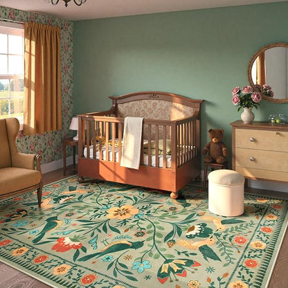Moynesa Green Washable 8x10 Area Rugs for Living Room Bedroom Dining Room, Modern Farmhouse Country Floral Bird Print Pattern Medallion Carpet, Aesthetic Home Decorations Open Floor Areas Protection