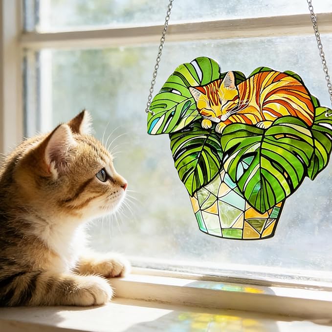Cat Stained Glass Suncatcher Window, Cat Sun Catchers Indoor Window, Suncatcher for Mom/Women (Orange)