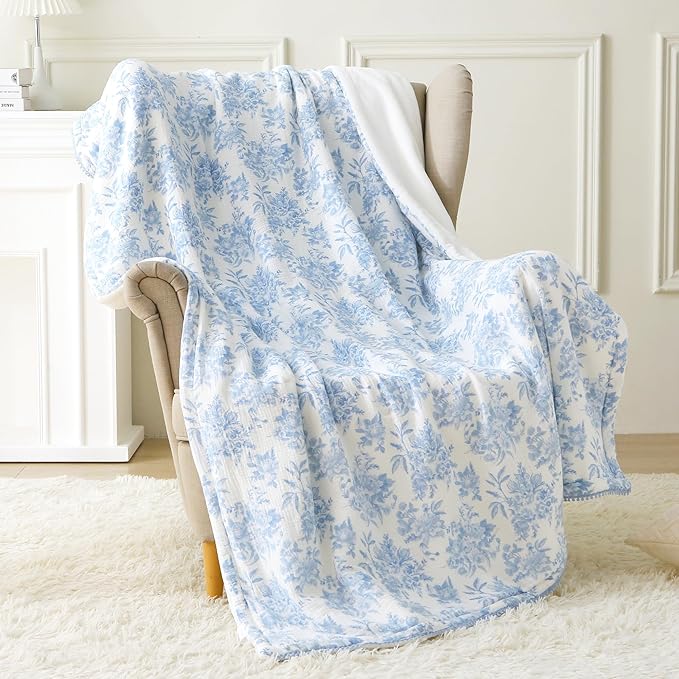 Viviland Fleece Throw Blanket Reversible Muslin Blankets, Soft Throw Blanket for Couch and Bed, Breathable Quilt Bedspread, Gauze Bedding for Adults, Large 50x70 inch, Blue Nerrah
