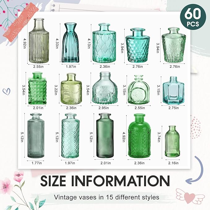 Yaomiao 60 Pcs Vases Bulk Colored Flower Glass Vases Bud Vintage Colored Glass Bottles Colorful Rustic Embossed for Home Wedding Table Decorations Gifts (Green Series)
