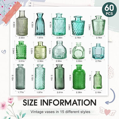 Yaomiao 60 Pcs Vases Bulk Colored Flower Glass Vases Bud Vintage Colored Glass Bottles Colorful Rustic Embossed for Home Wedding Table Decorations Gifts (Green Series)