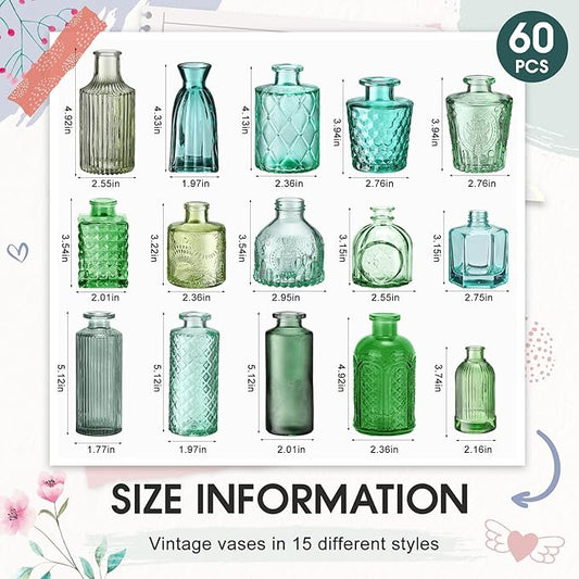 Yaomiao 60 Pcs Vases Bulk Colored Flower Glass Vases Bud Vintage Colored Glass Bottles Colorful Rustic Embossed for Home Wedding Table Decorations Gifts (Green Series)