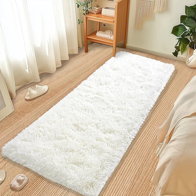 Fluffy Runner Rugs for Bedroom Hallways, 2x6 Runners for Hallways Fluffy Shag Throw Area Rug Non Slip for Bedside Dorm, Shag Rugs for Girls Boys Bedroom, Floor Carpet Runner for Kids Dorm, Cream White