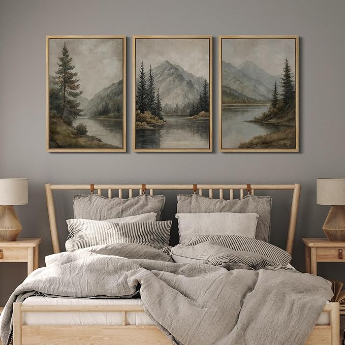 MUDECOR Framed Wall Art Print Set Mountain Landscape Nature with Trees, Lake, and Mountains, Rustic Illustrations Modern Art Decorative Colorful for Living Room, Bedroom, Office - 16"x24"x3 Natural