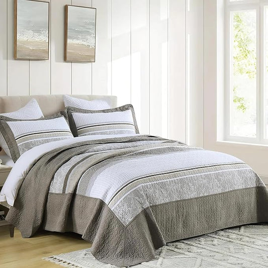 Bed Spread Queen Sized 102"x120" - 100% Cotton Lightweight Farmhouse Oversized Queen Quilt with 2 Pillowshams, Modern Printed Striped Quilted Bedding Coverlet Set for All Season, Brown