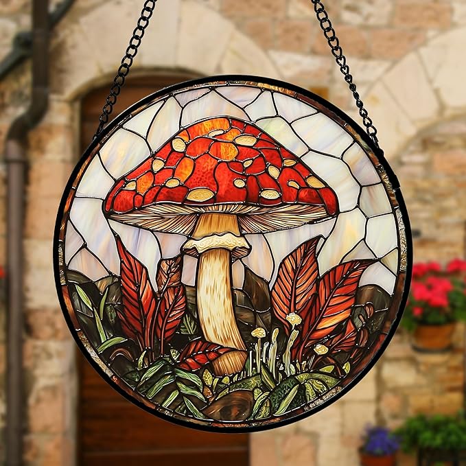 DASTOLL Stained Glass Window Hanging, Big Red Mushroom Suncatcher for Doors Home Sun Catchers Decoration and Christmas, Mother's Day Birthday Gifts for Women, Men, and Mom 6.3 in