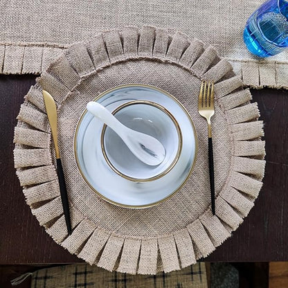 2Pcs Round Woven Jute Placemats with Ruffled Edges Retro Rustic Insulated Table Mats Non-Slip Decorative Place Mats for Dining Kitchen Parties and Restaurants