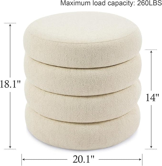 Flouki 20.1" Storage Ottoman Round, Vanity Stools for Bedroom, Linen Pouf Ottoman with Removable Lid, Modern Ottoman Stool for Girls Women, Foot Stool for Living Room, Beige