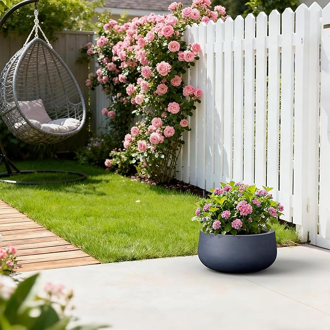 Kante 15.7" Dia Round Concrete Planter, Outdoor Indoor Garden Plant Pots with Drainage Hole and Rubber Plug, Modern Curvaceous Design, Charcoal