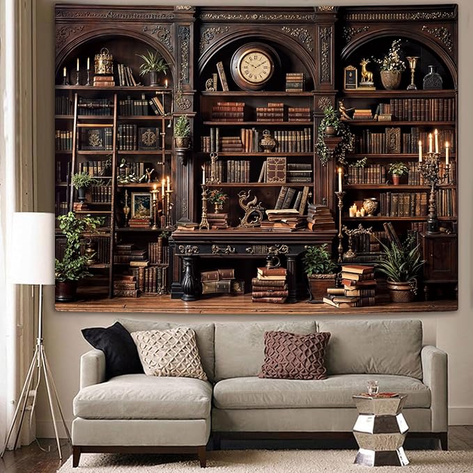 YEXIT Vintage Bookshelf Tapestriey, Retro Library backdrop Wall Tapestries, Old Books on Shelf Classical Study Room Living Room Dorm Bedroom 44×60 inch