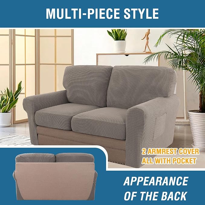 H.VERSAILTEX Multi-Pieces Sofa Covers Stretch Couch Covers Form Fitted Seats and Back Cushions Covers (2 Seat Covers Plus 2 Back Cusion Covers, Bonus 2 Armrest Covers), Taupe