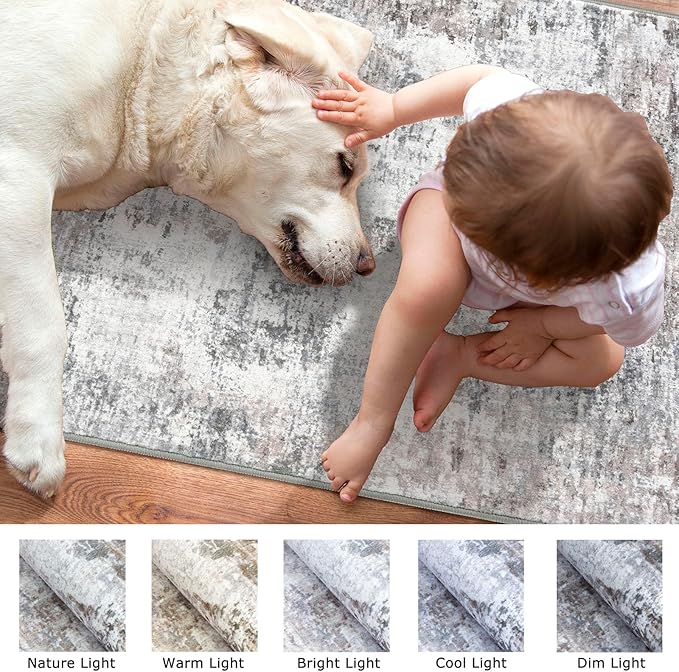 Modern Abstract Runner Rug 2x10, Beige Grey Neutral Washable Long Kitchen Runner Non-Slip Soft Hallway Rug Runner Thin Print Faux Wool Carpet for Entryway Bedroom Laundry Room Indoor