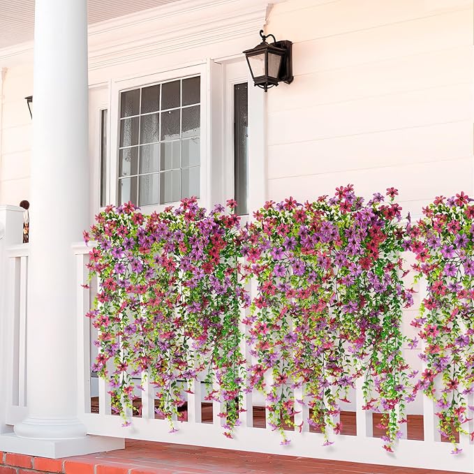 Artificial Hanging Flowers for Outdoors, 2 Pcs Fake Hanging Plant Spring Summer Decor, UV Resistant No Fade Realistic Faux Flower for Front Door Porch Planter Patio Garden Yard(Light Purple Red)