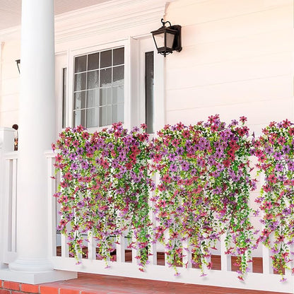 Artificial Hanging Flowers for Outdoors, 2 Pcs Fake Hanging Plant Spring Summer Decor, UV Resistant No Fade Realistic Faux Flower for Front Door Porch Planter Patio Garden Yard(Light Purple Red)