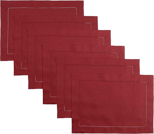 D'Moksha Homes Red Linen Placemats Set of 6 - Classic Hemstitch Placemats 14 x 19 Inch - 100% Pure Linen Table Mats for Valentines, Holiday, New Year - Handcrafted and Machine Washable
