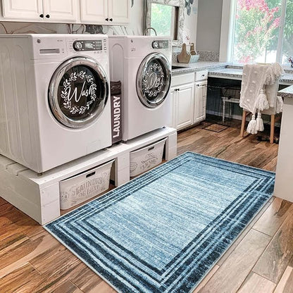 Lahome Modern Abstract 3x5 Rug,Washable Blue Throw Rugs for Entryway Indoor Non-Slip,Low-Pile Soft Area Rug Minimalist Bordered Carpet for Kitchen Bathroom Bedroom